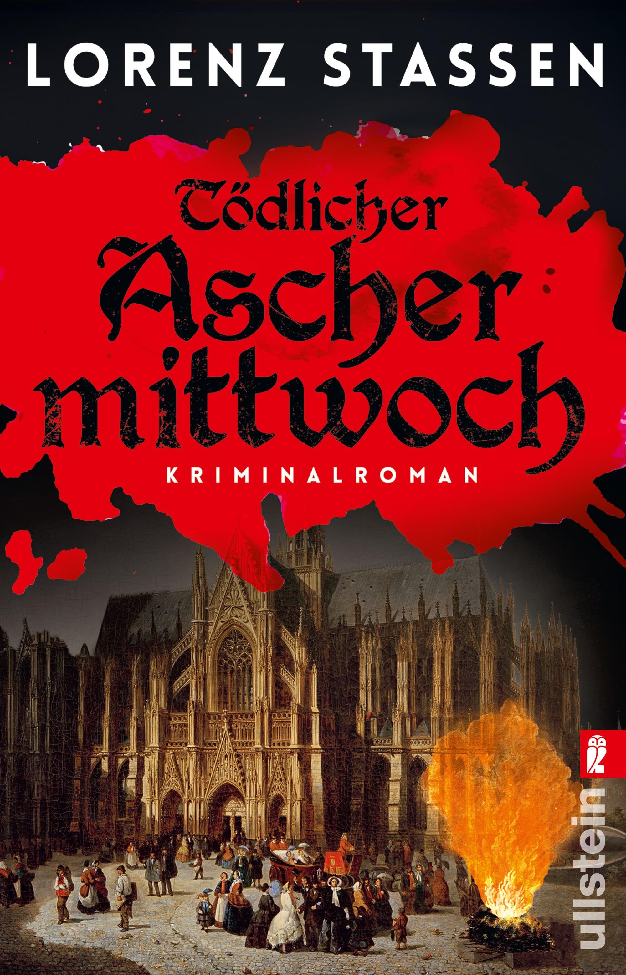 Auf dem Cover des Krimis stehen Menschen an einem Feuer, das vor dem Kölner Dom brennt.