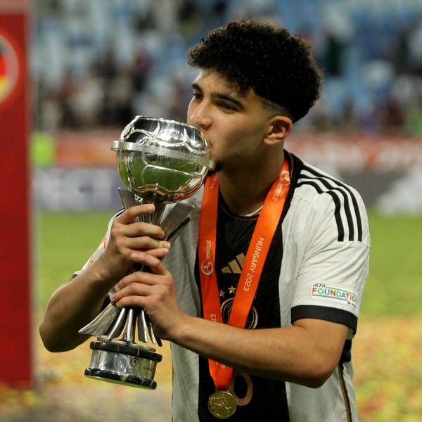 02.06.2023 BudapestHungary Germany-France U-17/ Under-17 European men s football championship final Fayssal Harchaoui Germany with European U17, U 17 champion trophy :