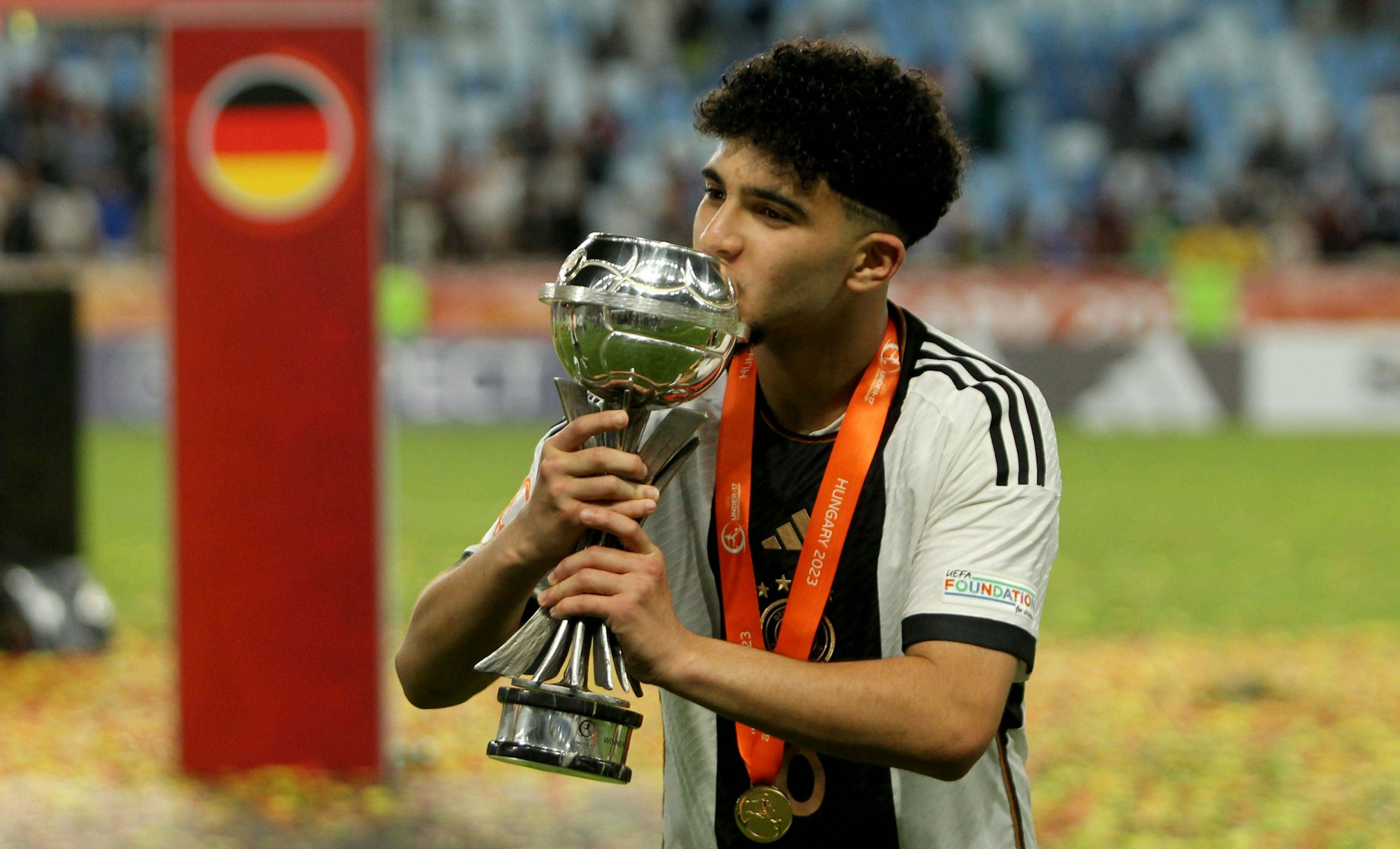 02.06.2023 BudapestHungary Germany-France U-17/ Under-17 European men s football championship final Fayssal Harchaoui Germany with European U17, U 17 champion trophy :