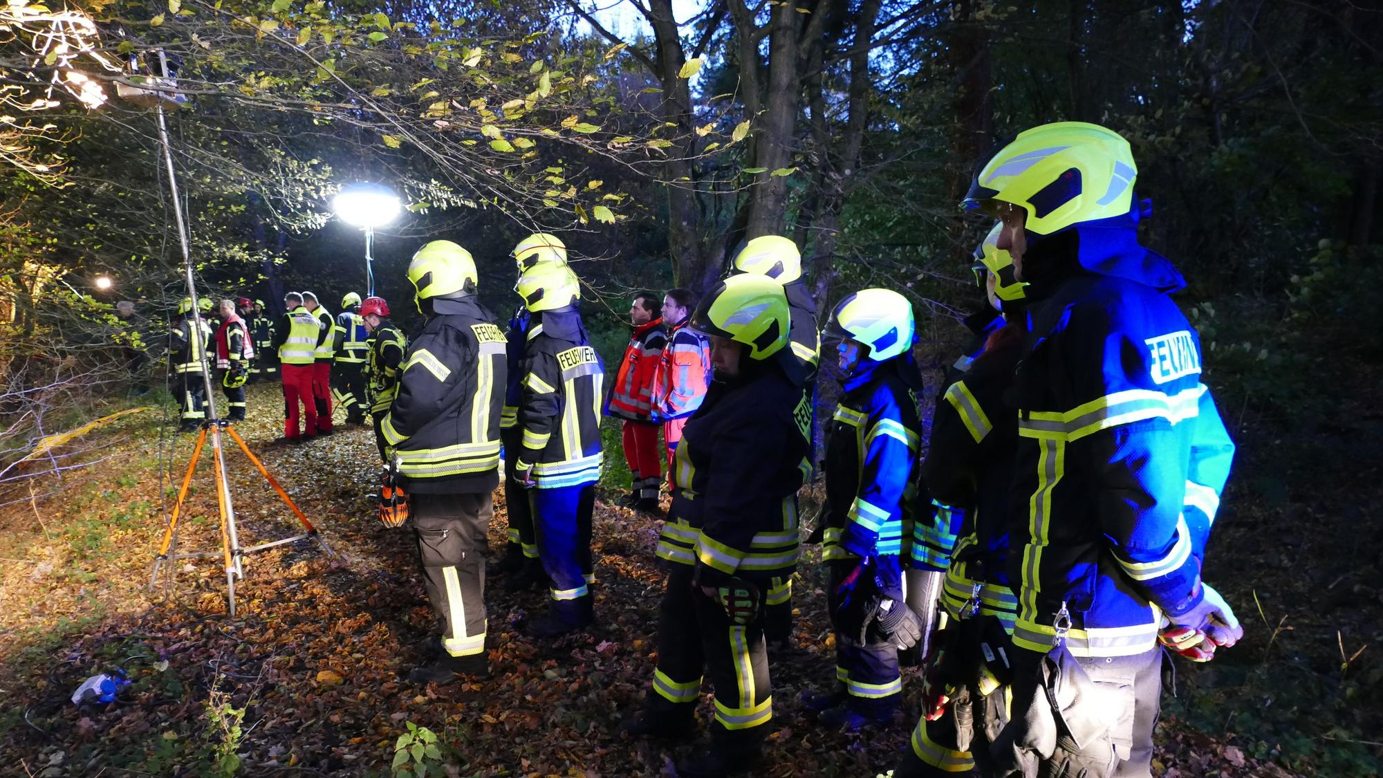 Einsatzkräfte stehen im Wald.