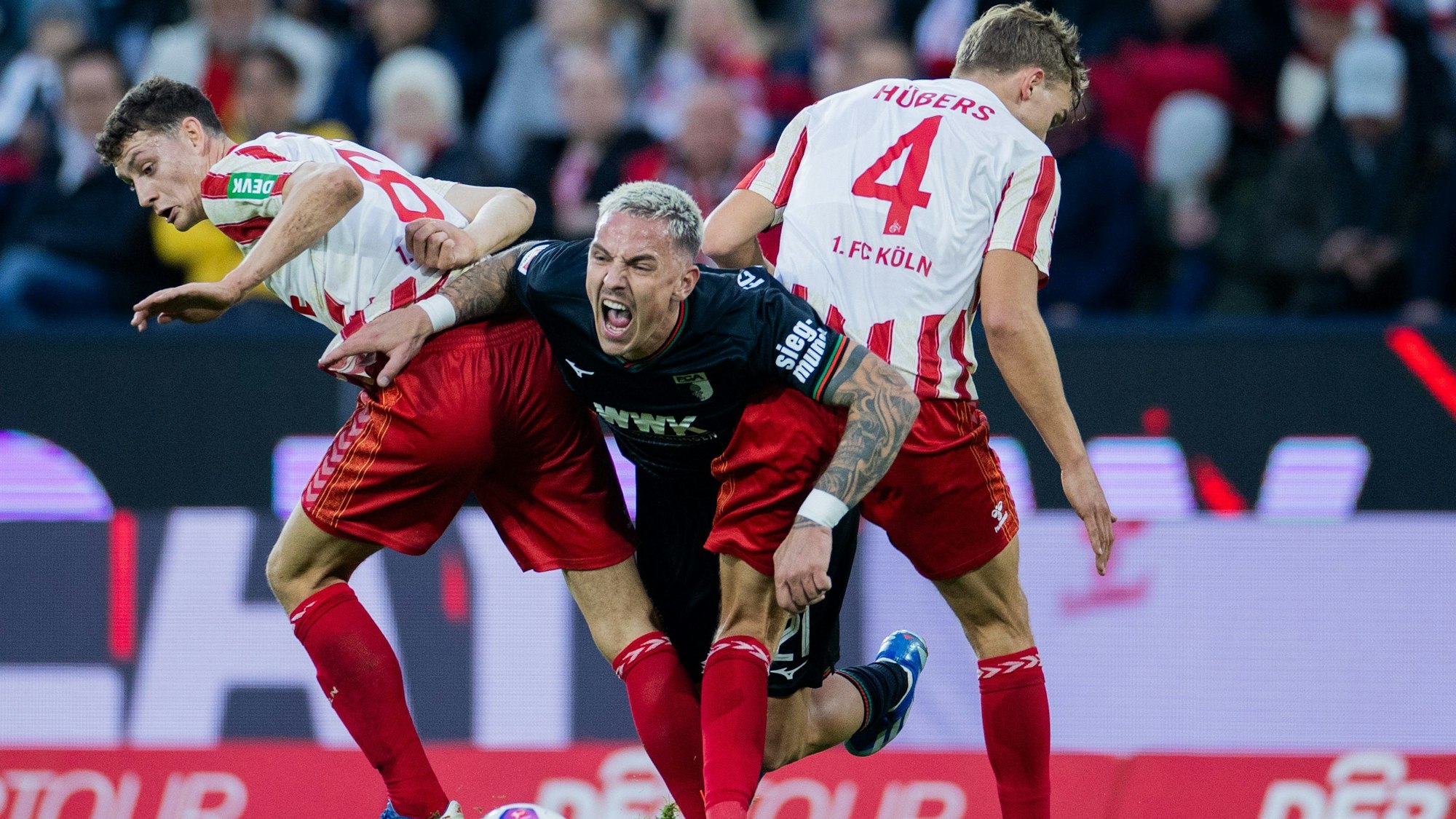 Kölns Eric Martel (l) und Timo Hübers (r) nehmen Augsburgs Torschützen Philipp Tietz in die Zange.