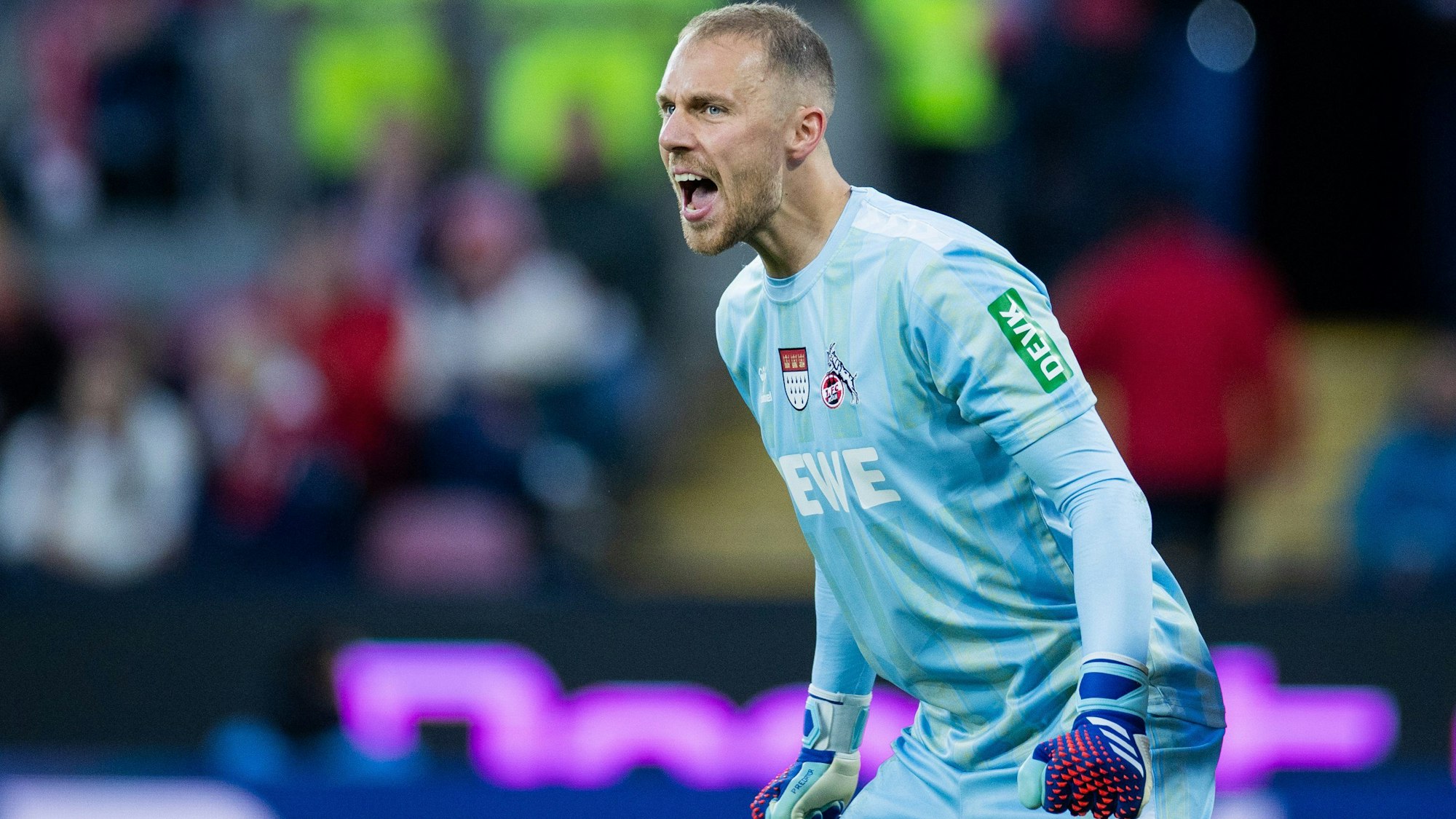 Kölns Torwart Marvin Schwäbe schreit in Richtung seiner Vorderleute.