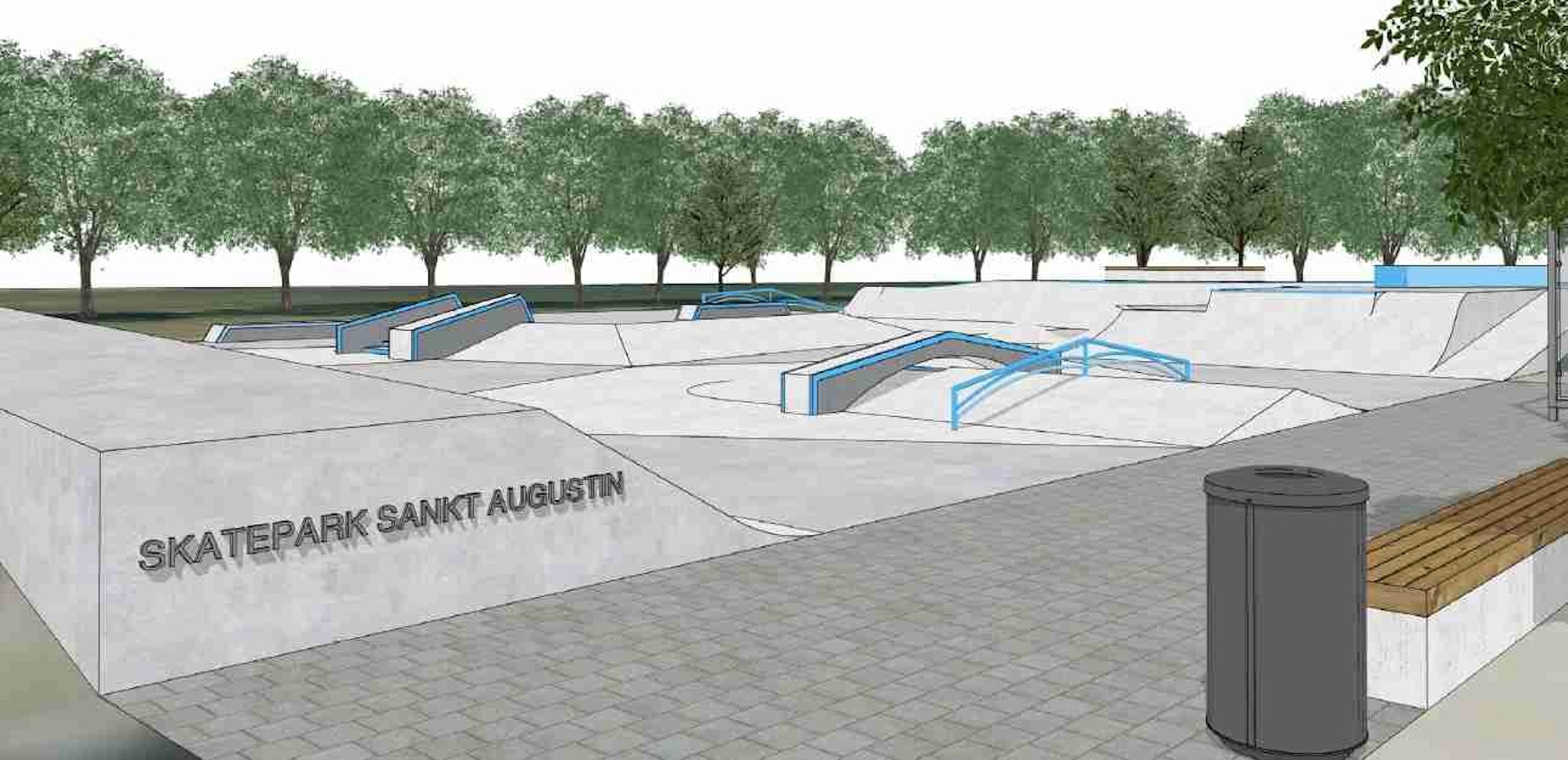 Eine Visualisierung zeigt den Blick auf die Rampen im Skatepark.