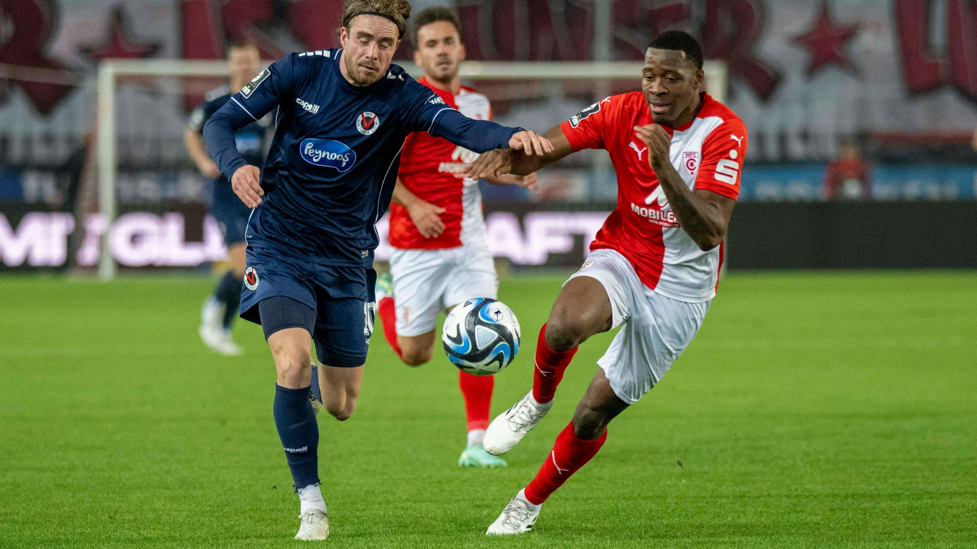 Halle, Deutschland 05. November 2023: 3.Liga - 2023/2024 - Hallescher FC vs. Viktoria Köln v. li. im Zweikampf David Philipp Koeln und Enrique Lofolomo Hallescher FC /// DFB regulations prohibit any use of photographs as image sequences and/or quasi-video. /// Leuna Chemie Stadion Sachsen-Anhalt *** Halle, Germany 05 November 2023 3 Liga 2023 2024 Hallescher FC vs Viktoria Köln v li in duel David Philipp Koeln and Enrique Lofolomo Hallescher FC DFB regulations prohibit any use of photographs as image sequences and or quasi video Leuna Chemie Stadion Sachsen Anhalt Copyright: xFotostandx/xBallaschx