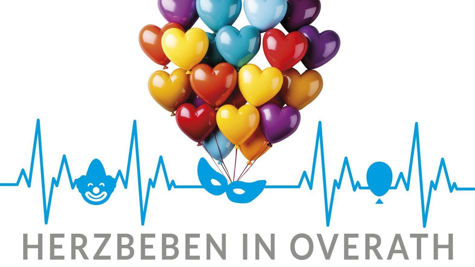 Luftballons schweben über einer Herzfrequenz-Kurve. Darunter steht geschrieben: Herzbeben in Overath.