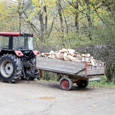 Auf einem Waldweg steht ein Traktor mit Einachs-Anhänger, auf dem Brennholzstücke liegen.