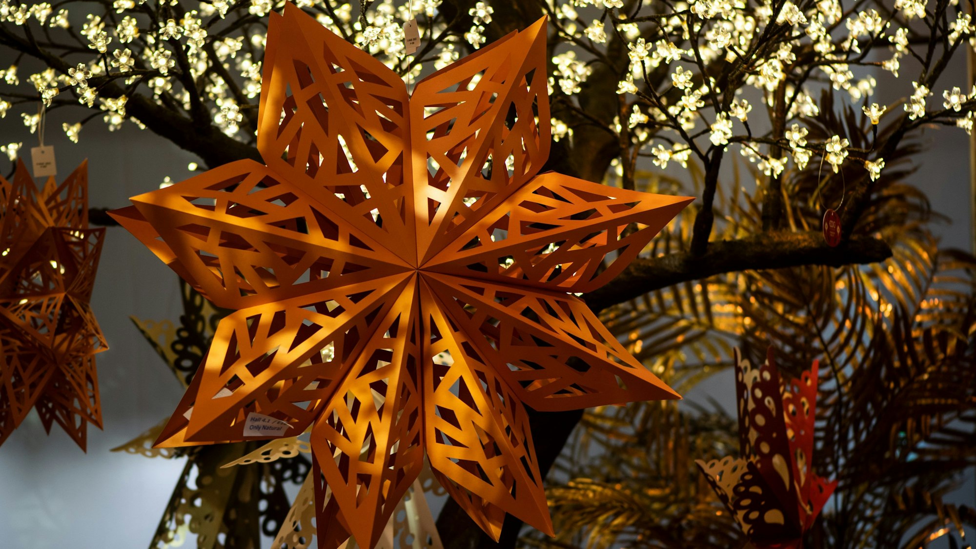 Eine orange Schneeflocke in 3D-Optik.