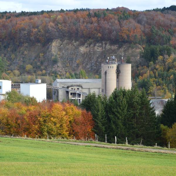 Blick auf das Sötenicher Zementwerk mit einem Steinbruch im Hintergrund.