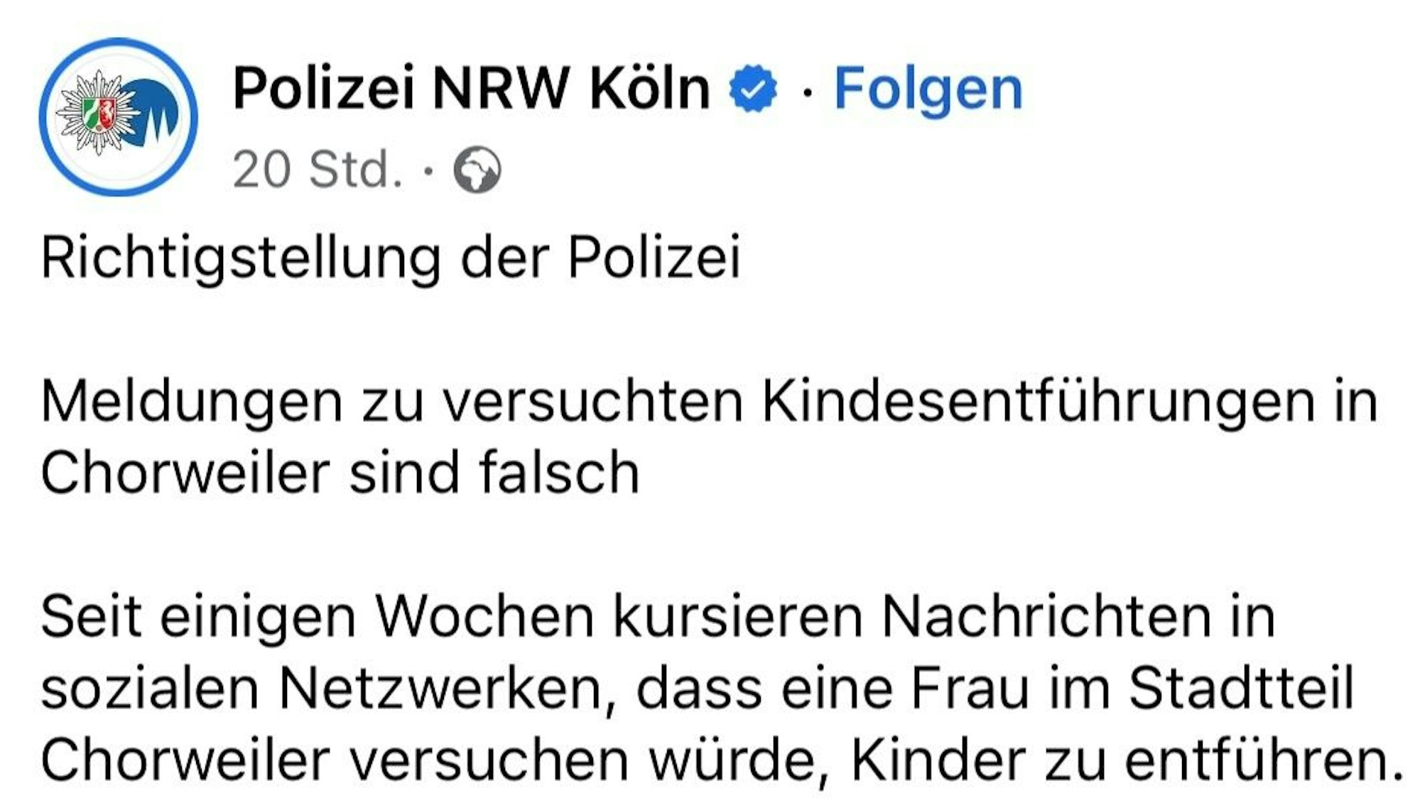 Facebook-Screenshot der Polizei, die darin die Gerüchte zurückweist