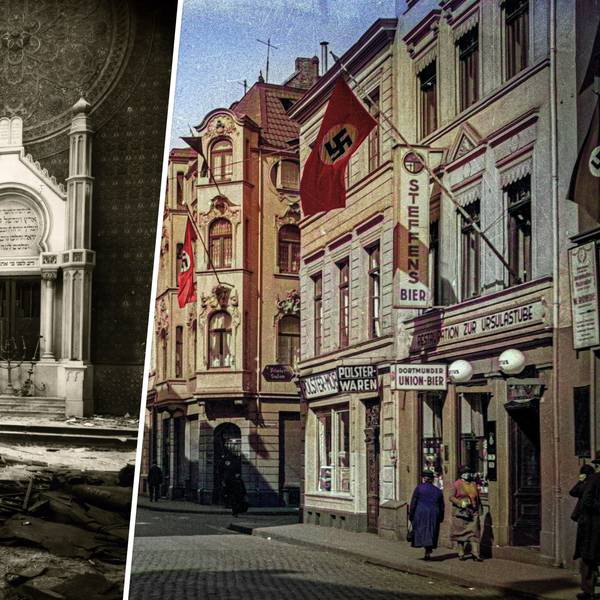 Linkes Foto: Historische Fotos des zerstörten Innenraums der Synagoge. Verbrannte Holzbalken liegen auf dem Boden. Rechts Foto: Gebäude im Stil der Gründerzeit, vor den Fassaden wehen Hakenkreuz-Fahnen.