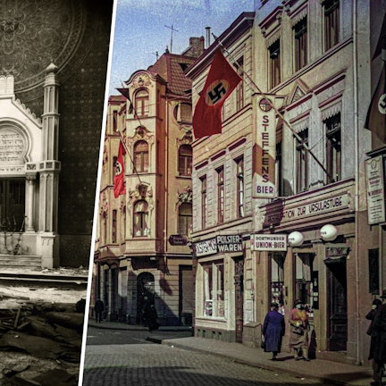 Linkes Foto: Historische Fotos des zerstörten Innenraums der Synagoge. Verbrannte Holzbalken liegen auf dem Boden. Rechts Foto: Gebäude im Stil der Gründerzeit, vor den Fassaden wehen Hakenkreuz-Fahnen.