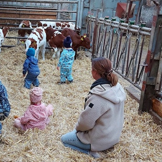 Mit zwei Betreuerinnen sitzen die Kinder im Stroh des Kälberstalls, in dem sich auch fünf Kälber aufhalten.