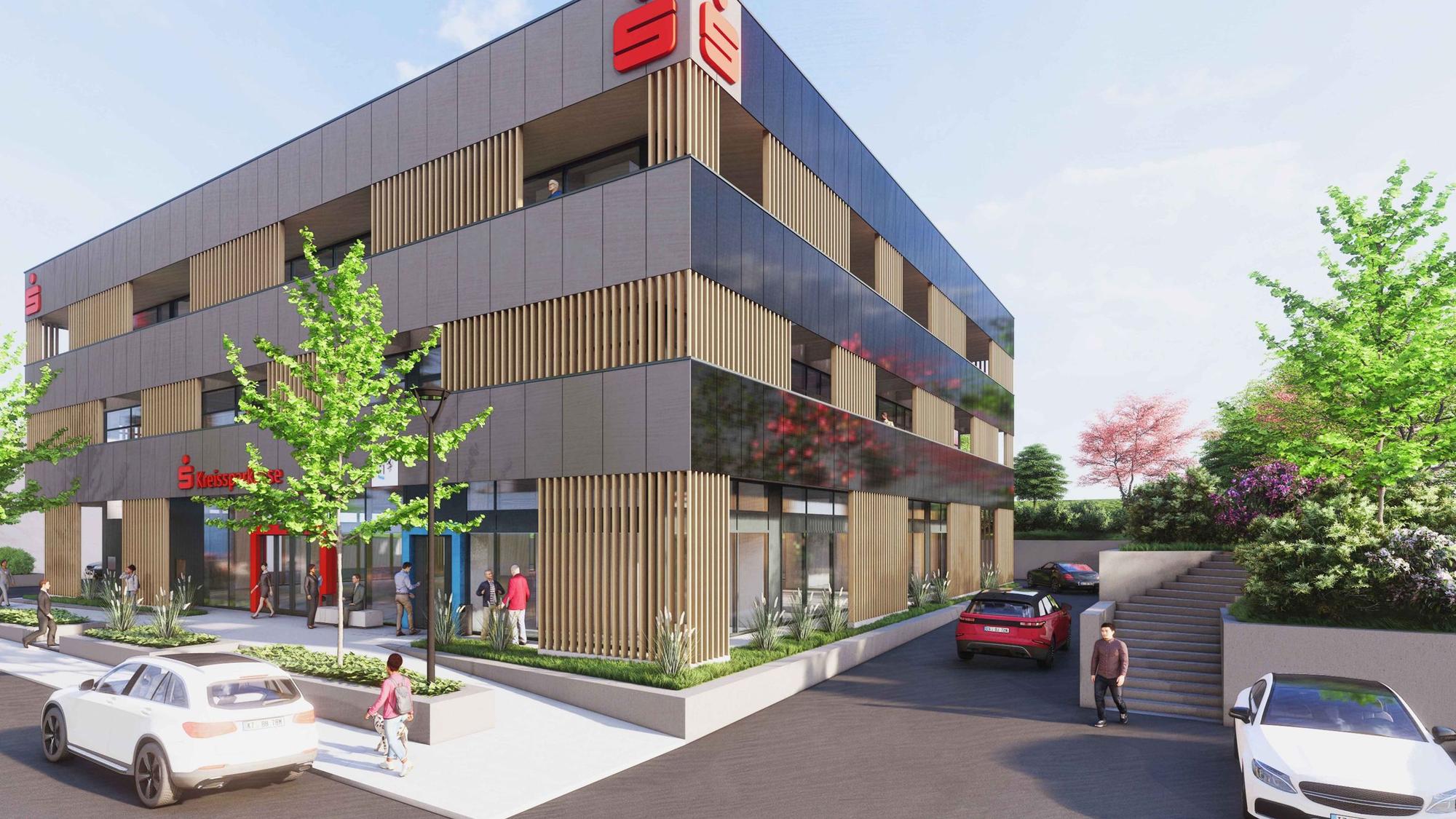 Diese Grafik zeigt, wie der Standort der Kreissparkasse Köln an der Waldbröler Kaiserstraße nach Abschluss der Modernisierung im Herbst kommenden Jahres aussehen soll. Rund fünf Millionen Euro kosten der Umbau und die Instandsetzung.