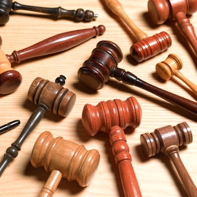 Viele Gerichtshämmer liegen auf einem Tisch