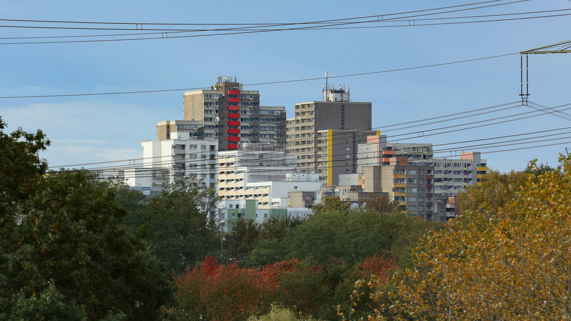 Hochhäuser in Chorweiler mit herbstlich gefärbten Laub im Vordergrund.