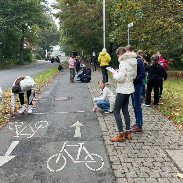 Auf dem Bild sind Schüler zu sehen, die eine Straße überprüfen