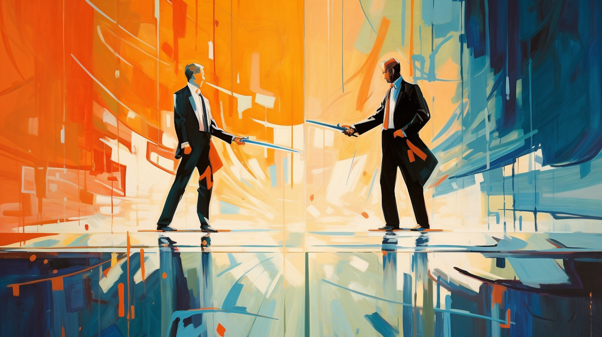 Illustration: Zwei Männer im Smoking treffen sich zum Duell.