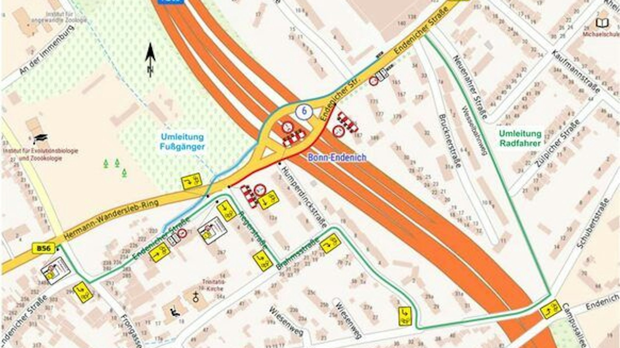 Eine Verkehrsgrafik von oben zeigt die ab 13. November geltenden Umleitungen für Fußgänger und Fußgängerinnen (blau) sowie Radfahrende (grün).