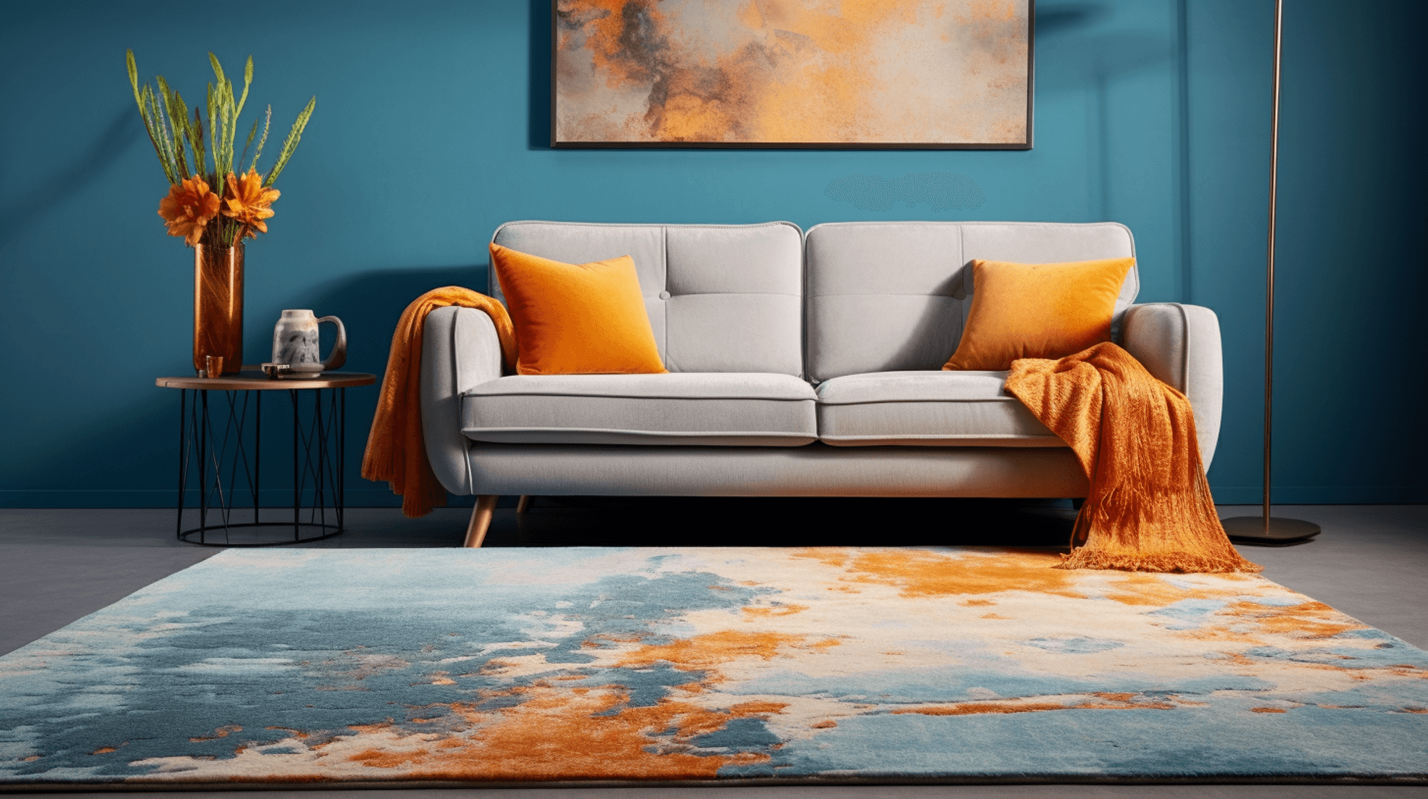 Illustration: Raum mit Sofa, Teppich, Vase und Gemälde