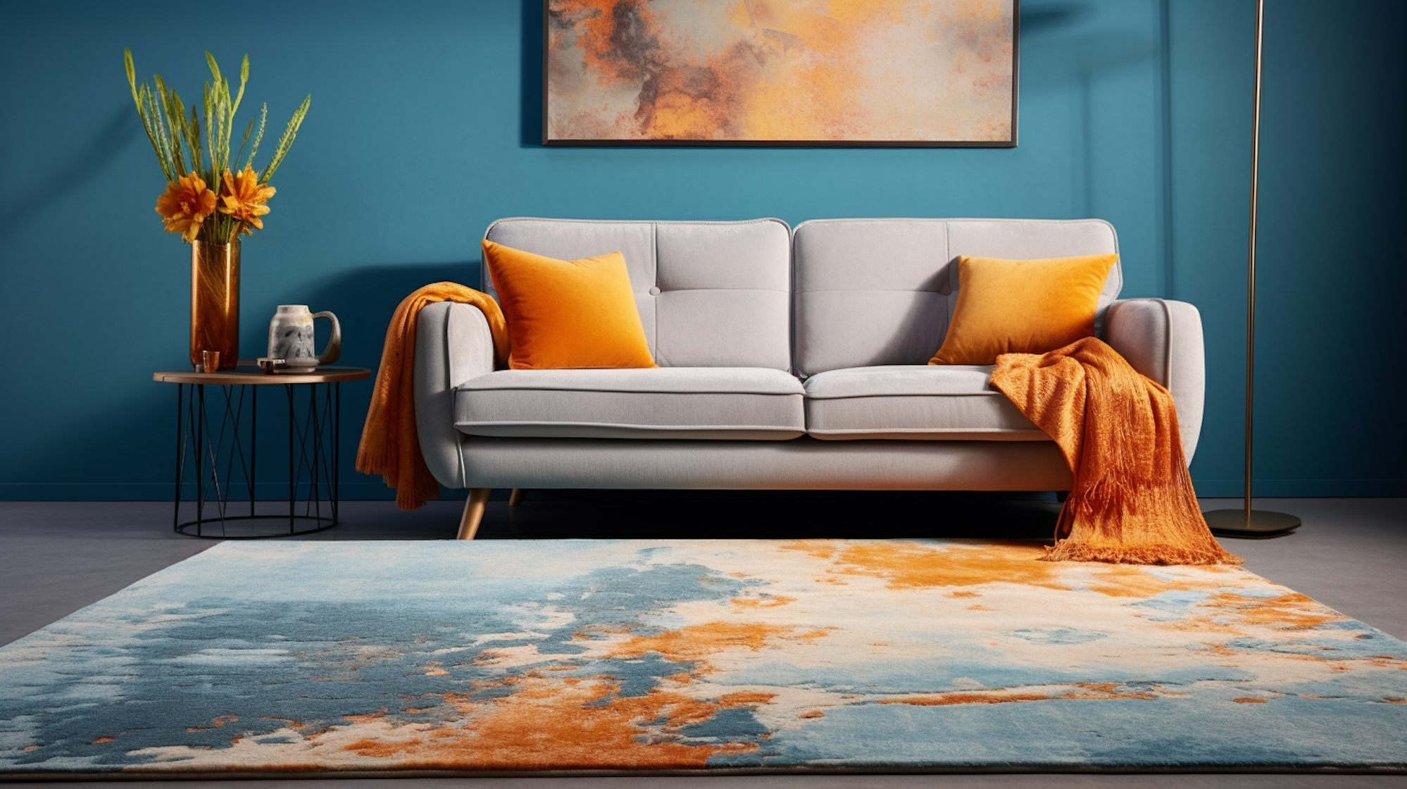 Illustration: Raum mit Sofa, Teppich, Vase und Gemälde
