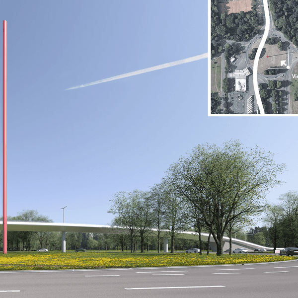 Ein Brücke verläuft über den Verteilerkreis Süd um das Kunstwerk „Standortmitte“ herum.