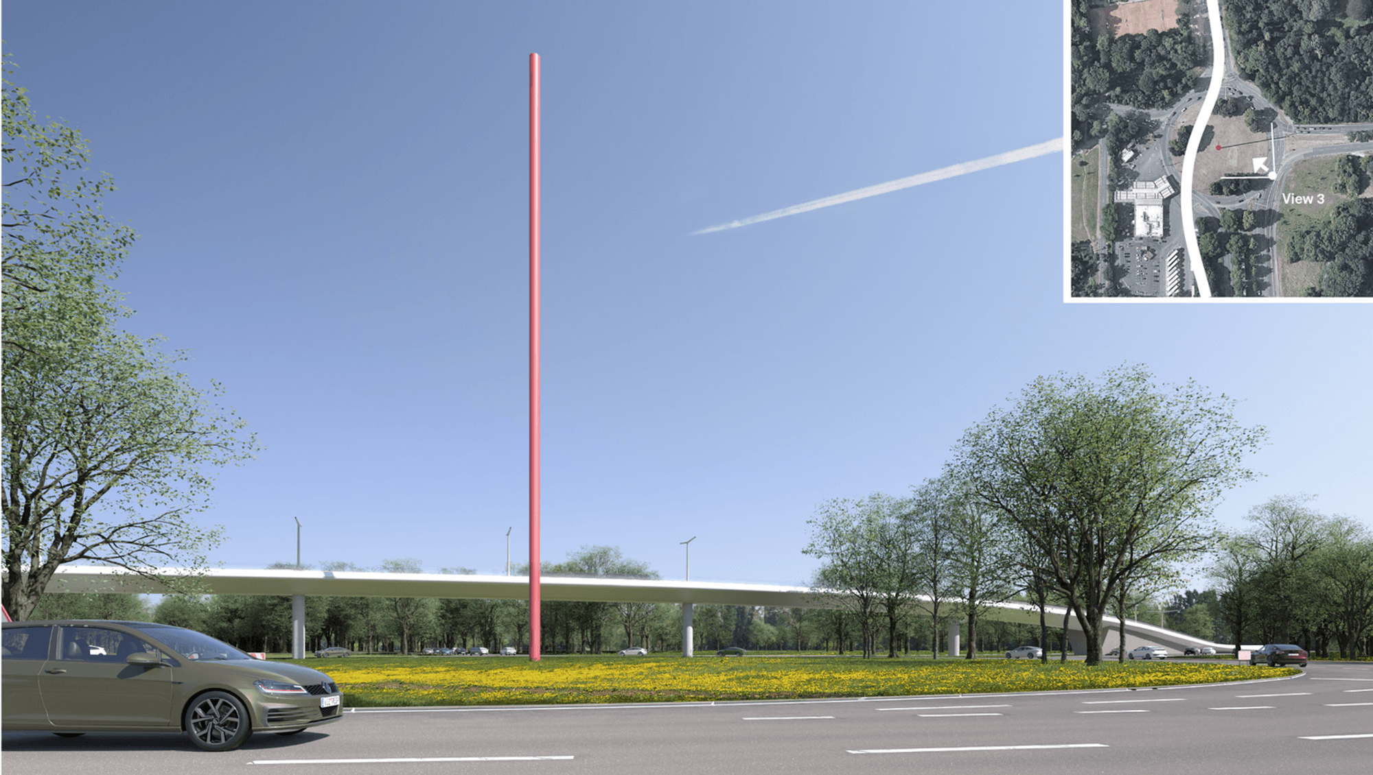 Ein Brücke verläuft über den Verteilerkreis Süd um das Kunstwerk „Standortmitte“ herum.