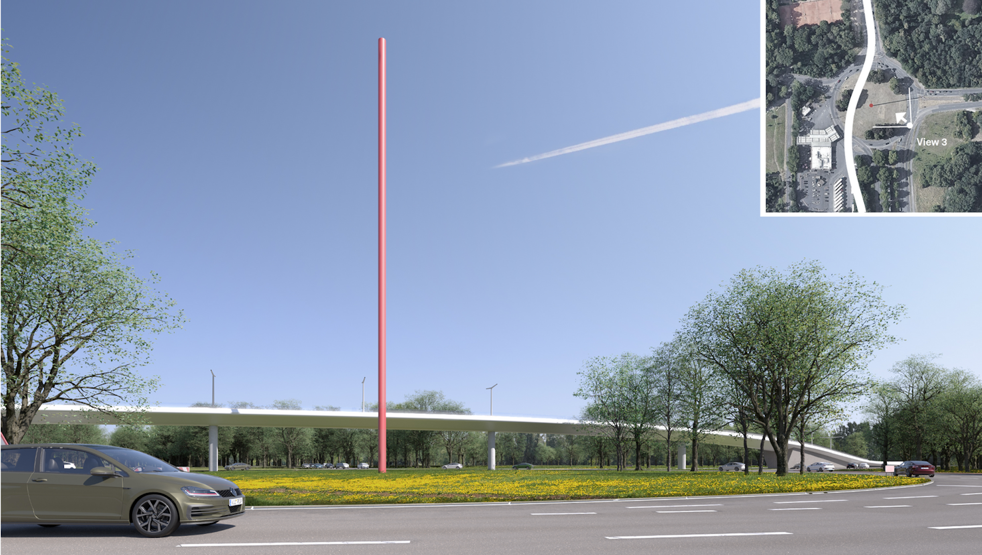 Ein Brücke verläuft über den Verteilerkreis Süd um das Kunstwerk „Standortmitte“ herum.