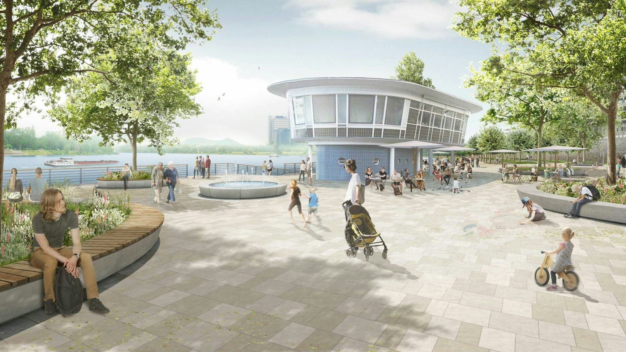 Grafik, die zeigt, wie das Bonner Rheinufer nach einem Umbau in 2024 aussehen soll. Dabei handelt es sich um den Siegerentwurf des Berliner Landschaftsarchitekturbüros Planorama.