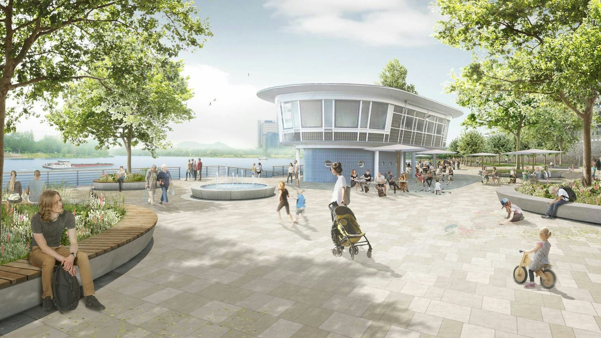 Grafik, die zeigt, wie das Bonner Rheinufer nach einem Umbau in 2024 aussehen soll. Dabei handelt es sich um den Siegerentwurf des Berliner Landschaftsarchitekturbüros Planorama.