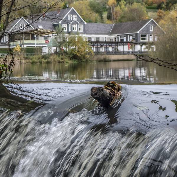 Von einem Stausee mit einem großem Haus im Hintergrund geht ein Bach ab.