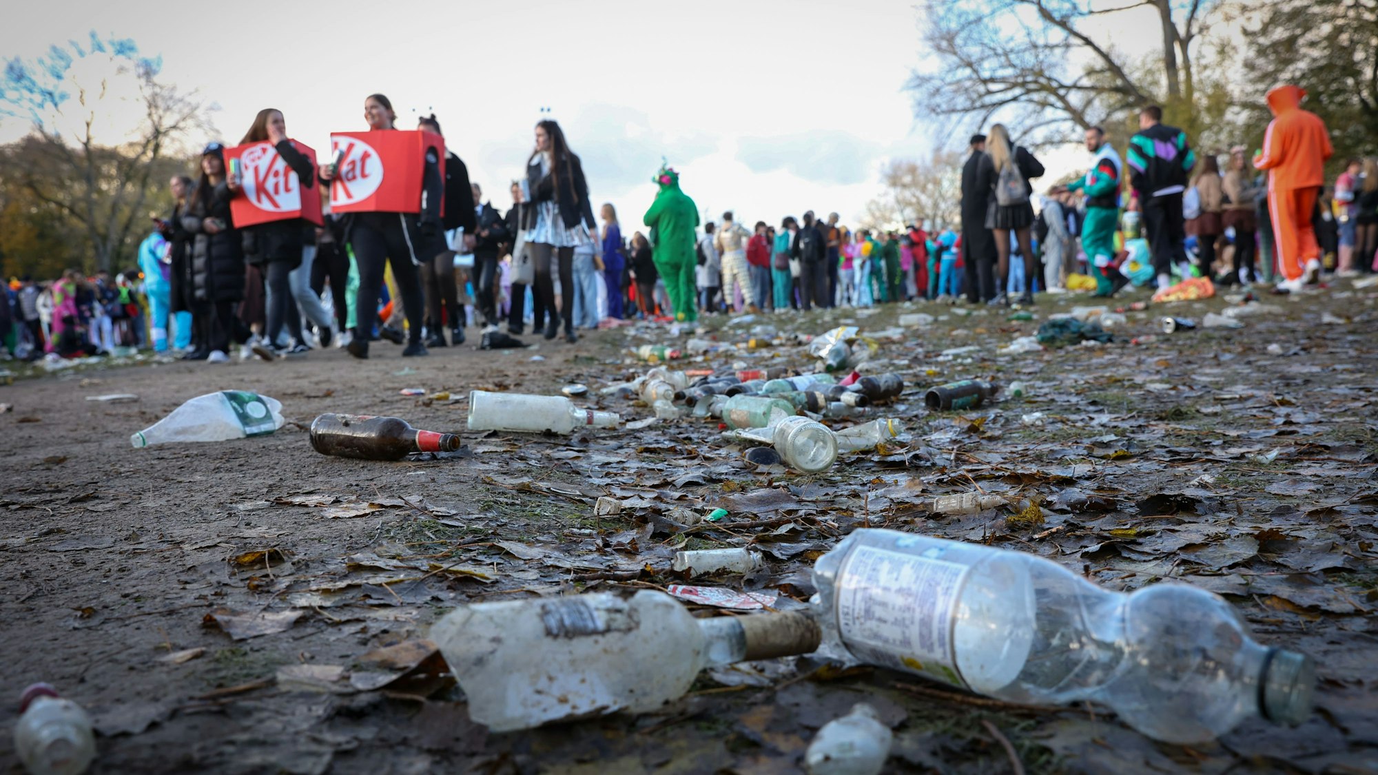Müll und Glasflaschen auf der Wiese am Aachener Weiher