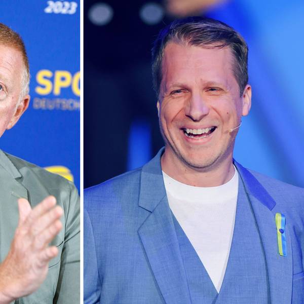 Boris Becker, ehemaliger deutscher Tennisspieler, und Oliver Pocher, Moderator, schauen in die Kamera.