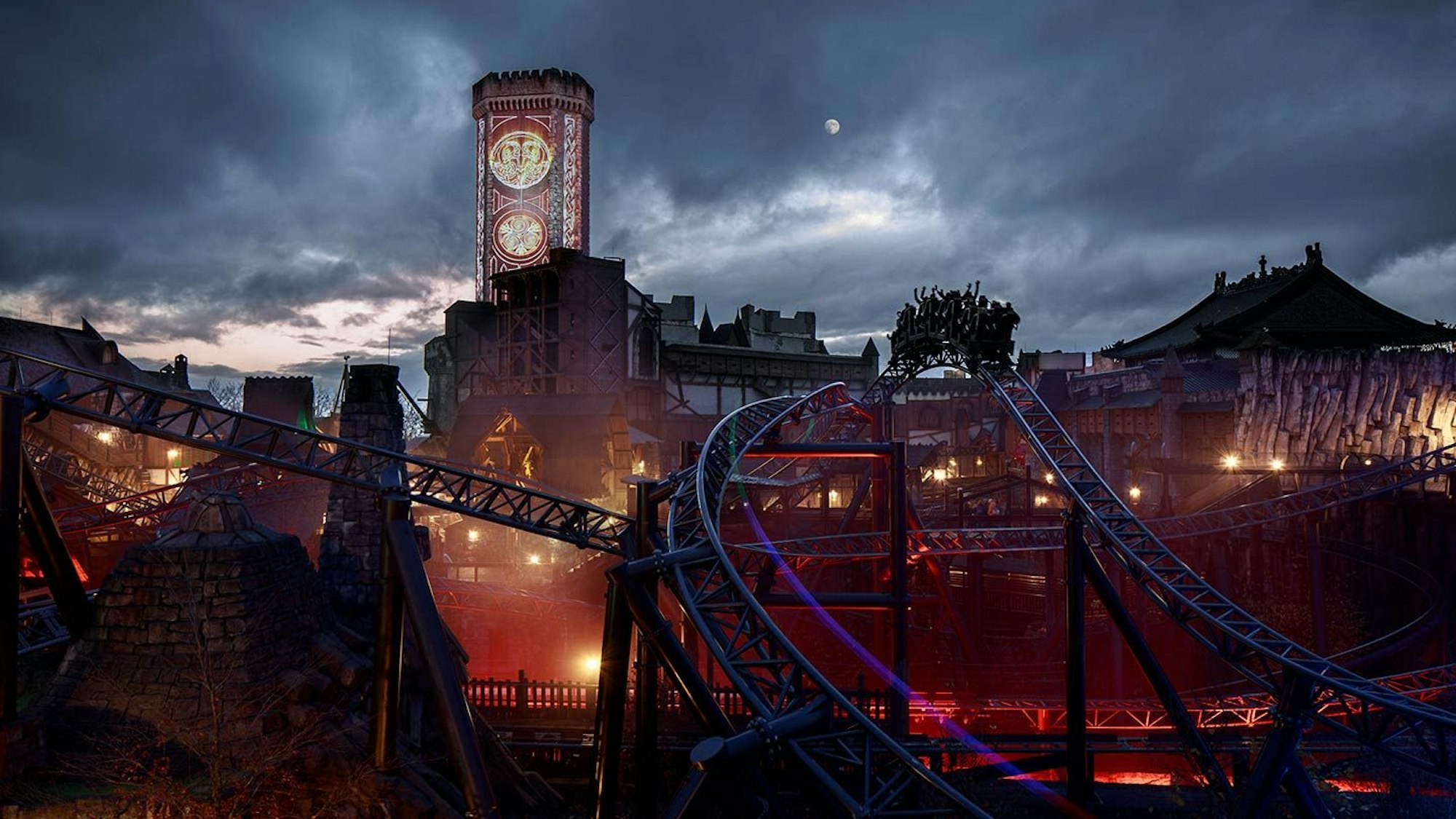Die Themenwelt Klugheim im Phantasialand Wintertraum bei Dunkelheit