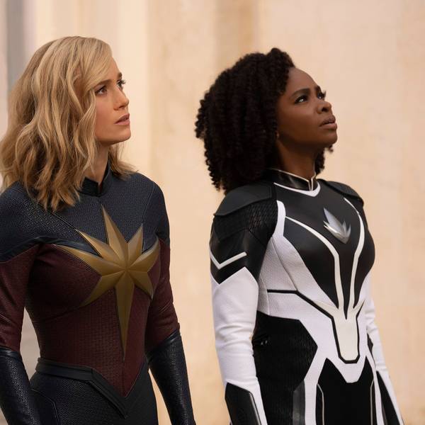 This image released by Disney shows, from left, Iman Vellani as Ms. Marvel, Brie Larson as Captain Marvel, and Teyonah Parris as Captain Monica Rambeau in a scene from "The Marvels." (Laura Radford/Disney-Marvel Studios via AP)