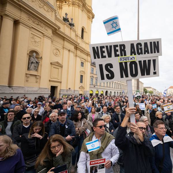 Ein Teilnehmer der Kundgebung "Solidarität mit Israel - Gegen gegen Terror, Hass und Antisemitismus" hält ein Schild mit der Aufschrift "NEVER AGAIN IS NOW!" in die Höhe.