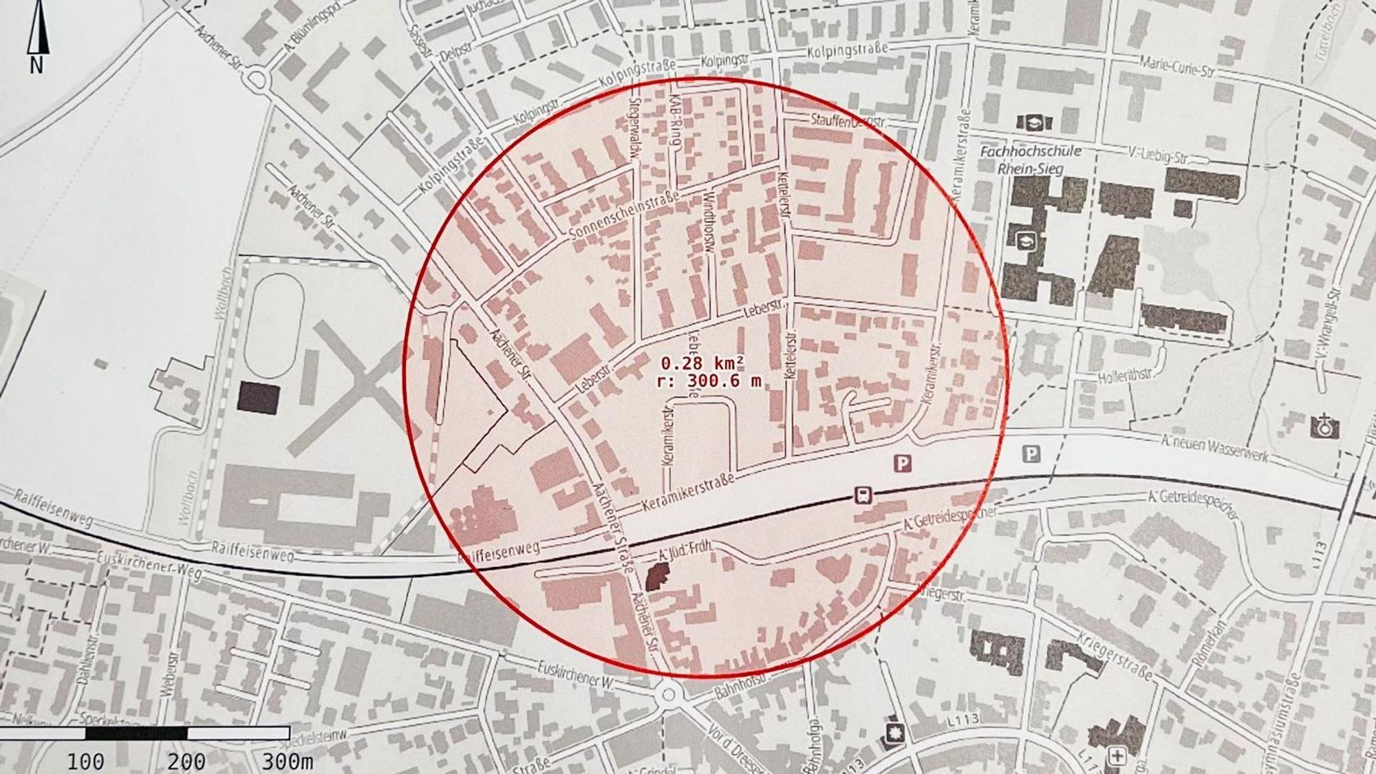 In Rheinbach im Rhein-Sieg-Kreis wurde eine Weltkriegsbombe entschärft. Das Bild zeigt den Radius der Evakuierung.