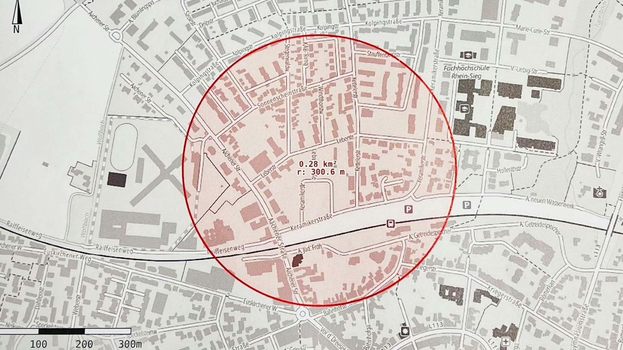 In Rheinbach im Rhein-Sieg-Kreis wurde eine Weltkriegsbombe entschärft. Das Bild zeigt den Radius der Evakuierung.