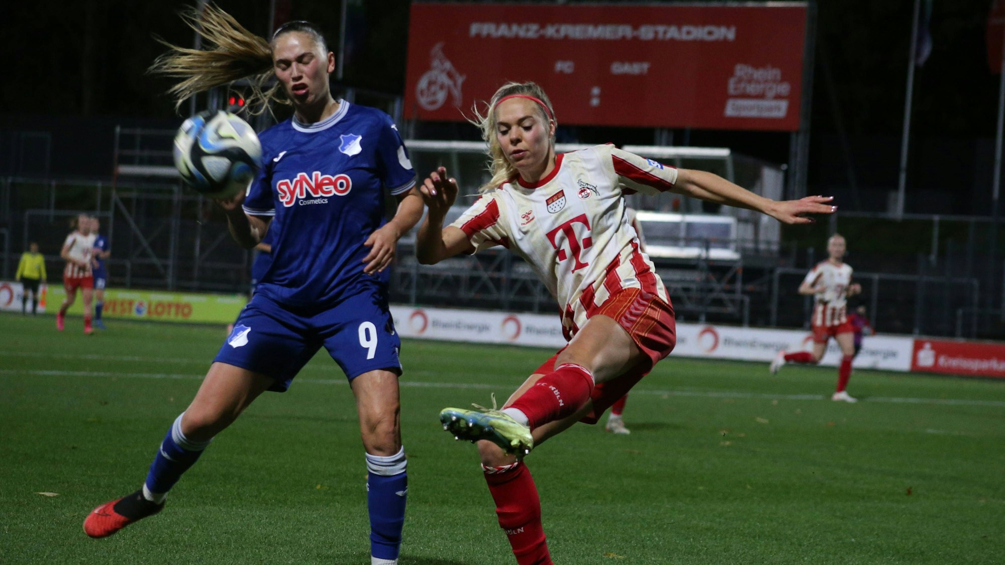 13.11.2023, xgrfx, Fussball 1.Bundesliga Damen, 1. FC Köln - TSG Hoffenheim emspor, v.l. Mathilde Janssens TSG Hoffenheim, Janina Hechler 1.FC Köln DFL/DFB REGULATIONS PROHIBIT ANY USE OF PHOTOGRAPHS as IMAGE SEQUENCES and/or QUASI-VIDEO Köln *** 13 11 2023, xgrfx, Soccer 1 Bundesliga Women, 1 FC Köln TSG Hoffenheim emspor, v l Mathilde Janssens TSG Hoffenheim , Janina Hechler 1 FC Köln DFL DFB REGULATIONS PROHIBIT ANY USE OF PHOTOGRAPHS as IMAGE SEQUENCES and or QUASI VIDEO Köln