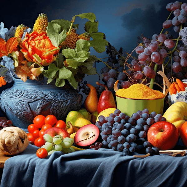 Illustration: Gemüse und Obst als Stillleben angeordnet.