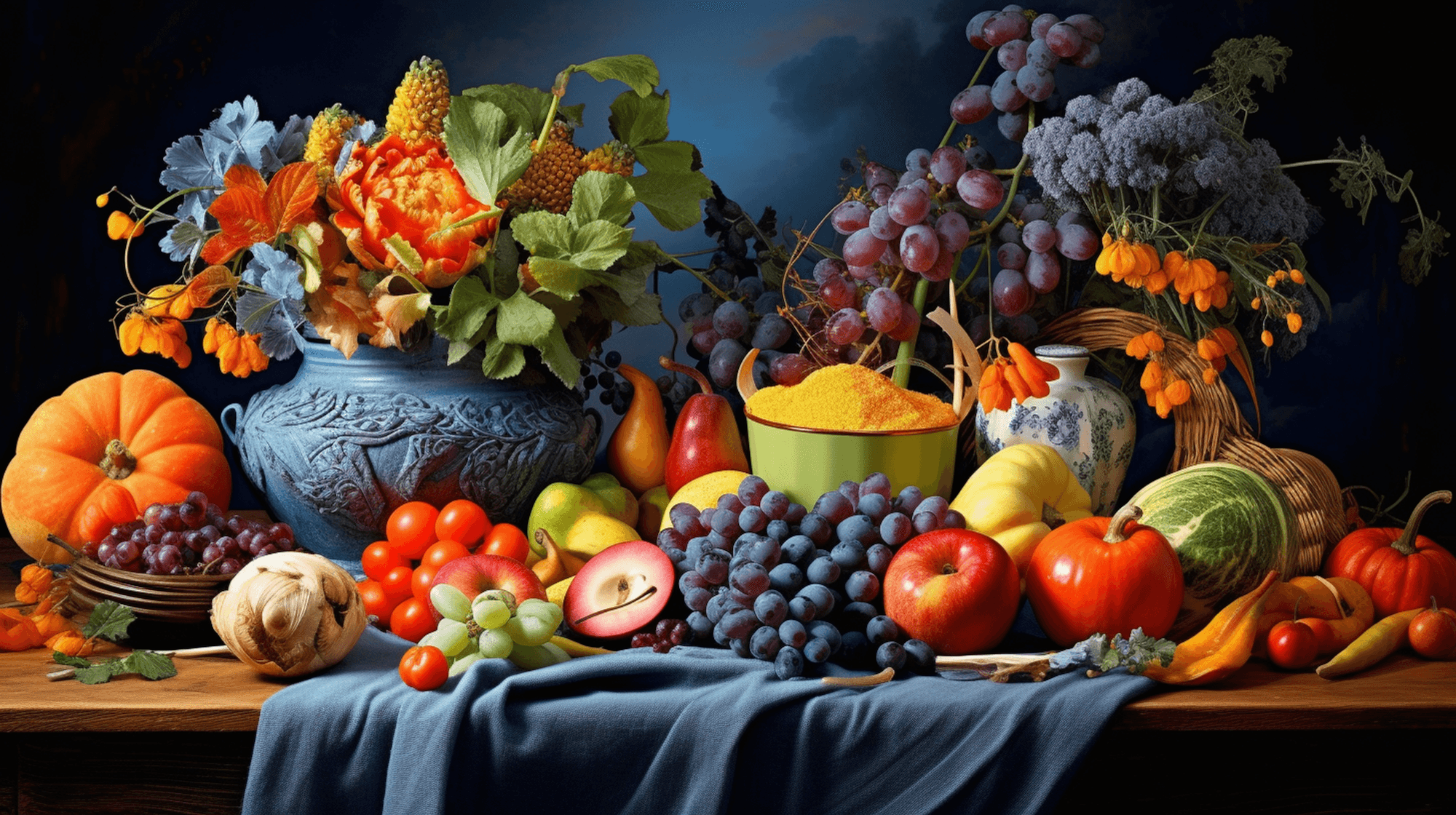 Illustration: Gemüse und Obst als Stillleben angeordnet.