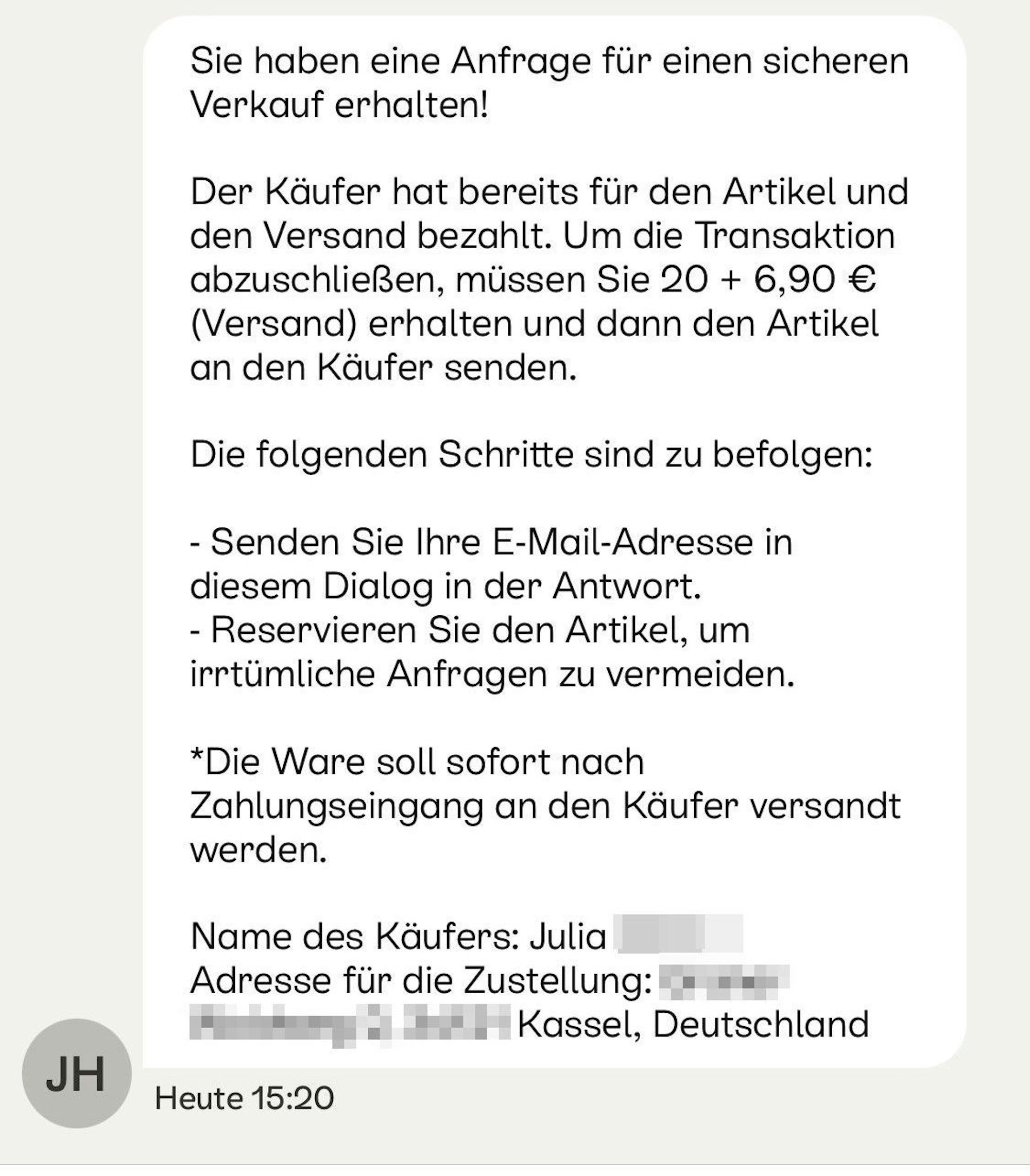 Sieht doch auf den ersten Blick ziemlich seriös aus, oder? Diese Nachricht erhielt unsere Autorin zu ihrem Inserat.