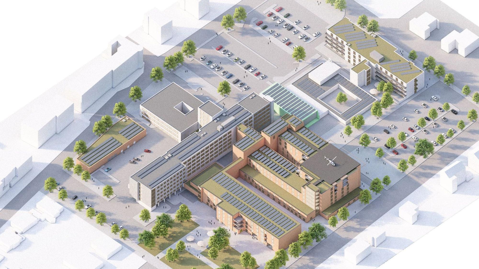 Eine Computerzeichnung. Zu sehen sind die Pläne für Neubau und Erweiterung der GFO-Kliniken in Sieglar.