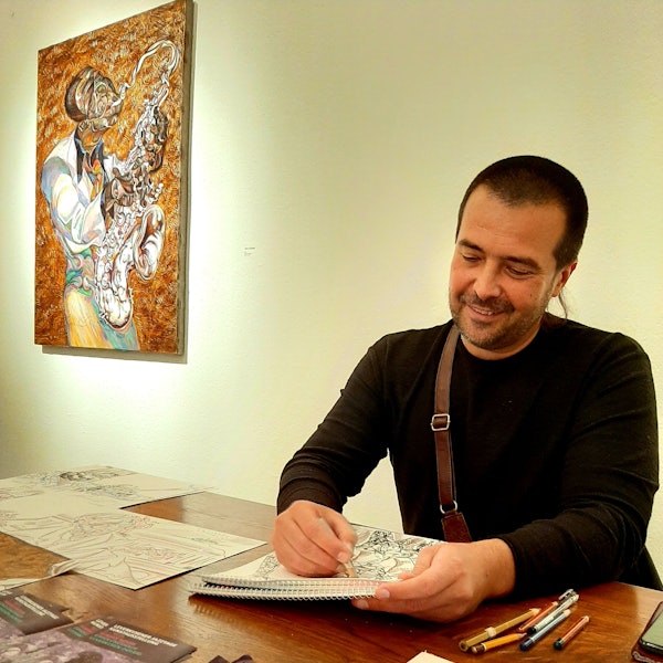 Roman Nogin ist Künstler aus der Ukraine, arbeitet unter anderem an einer Serie mit Jazz-Porträts und Bildern mit Bezug zum Jazz – und gastiert derzeit während der Leverkusener Jazztage im Erholungshaus, wo er seine Bilder ausstellt und im Foyer kkleine Zeichnungen für die Besucherinnen und Besucher anfertigt.