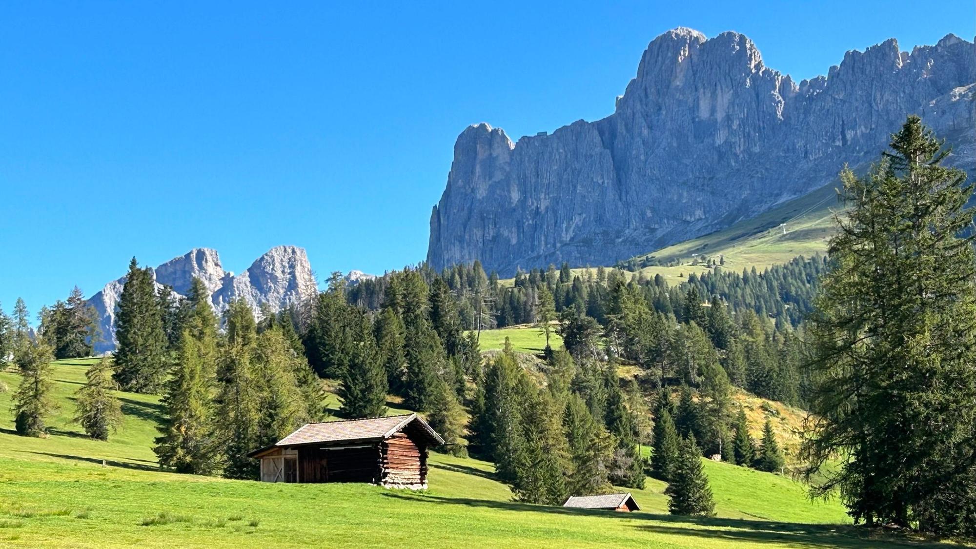 Eine malerische Bergalm mit Holzhütte.