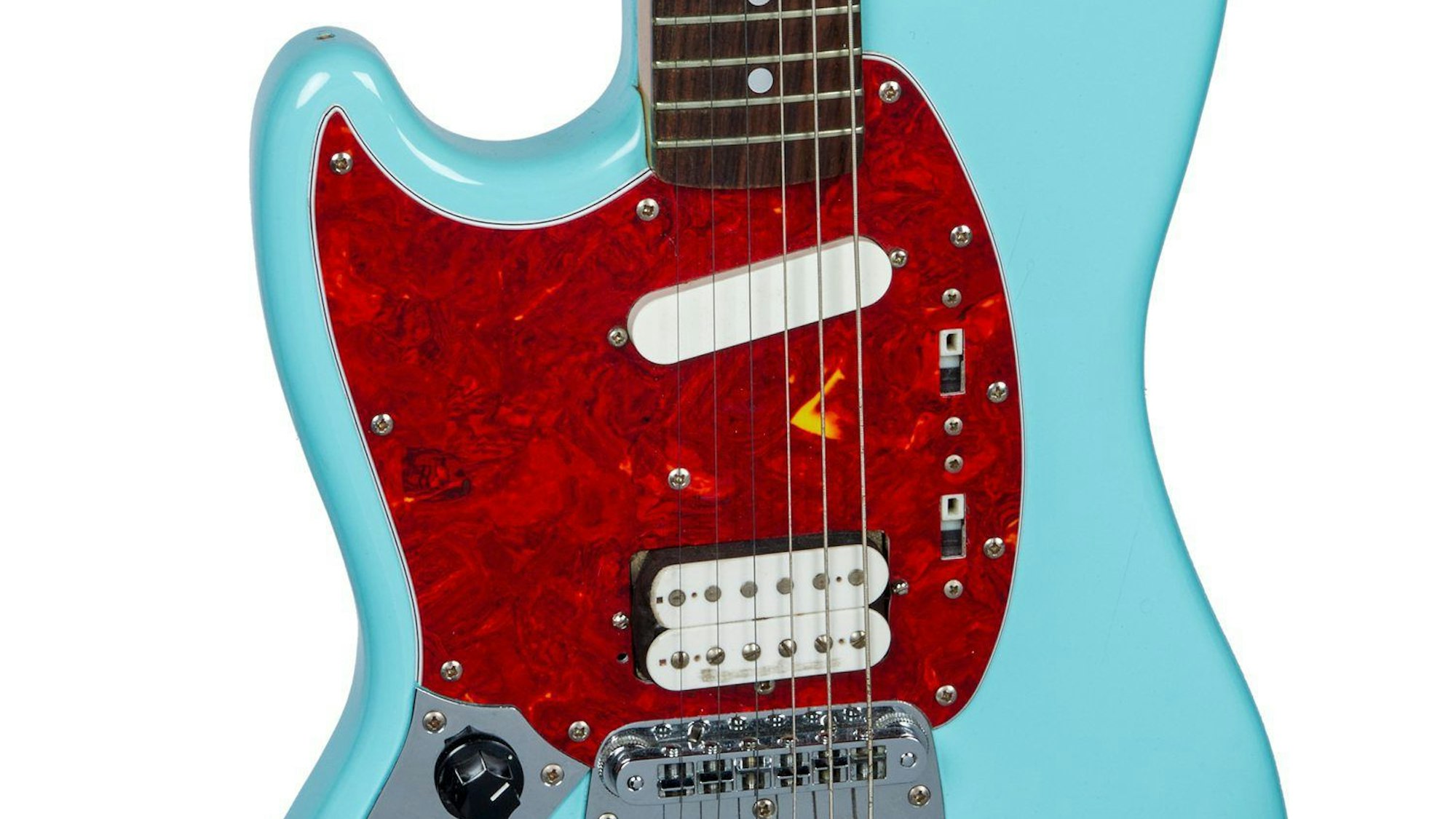 HANDOUT - 18.11.2023, ---: Die von Julien·s Auctions zur Verfügung gestellte undatierte Aufnahme zeigt die blaue E-Gitarre «Skystang I» Fender Mustang des früheren Nirvana-Frontmanns Kurt Cobain (1967-1994). Eine Gitarre des früheren Nirvana-Frontmanns Kurt Cobain (1967-1994) ist bei einer Auktion in den USA teuer versteigert worden. Die ikonische, blaue E-Gitarre «Skystang I» Fender Mustang, auf der Cobain während seiner letzten Tour 1993 bis 1994 spielte, erzielte am Freitag mehr als 1,58 Millionen Dollar. Die Versteigerung war Teil der dreitägigen «Played, Worn and Torn: Rock N' Roll Iconic Guitars and Memorabilia»-Auktion, Foto: Julien·s Auctions/dpa - ACHTUNG: Nur zur redaktionellen Verwendung im Zusammenhang mit der aktuellen Berichterstattung und nur mit vollständiger Nennung des vorstehenden Credits +++ dpa-Bildfunk +++