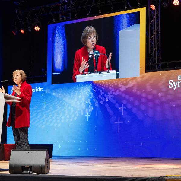 Annette Kurschus, Ratsvorsitzende der Evangelischen Kirche in Deutschland (EKD), spricht auf der EKD-Synode in Ulm.