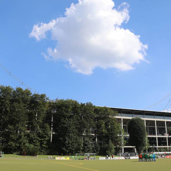 Die Westkampfbahn mit dem Kölner Stadion dahinter: An dieser Stelle steht nächstes Jahr das Medienzentrum.