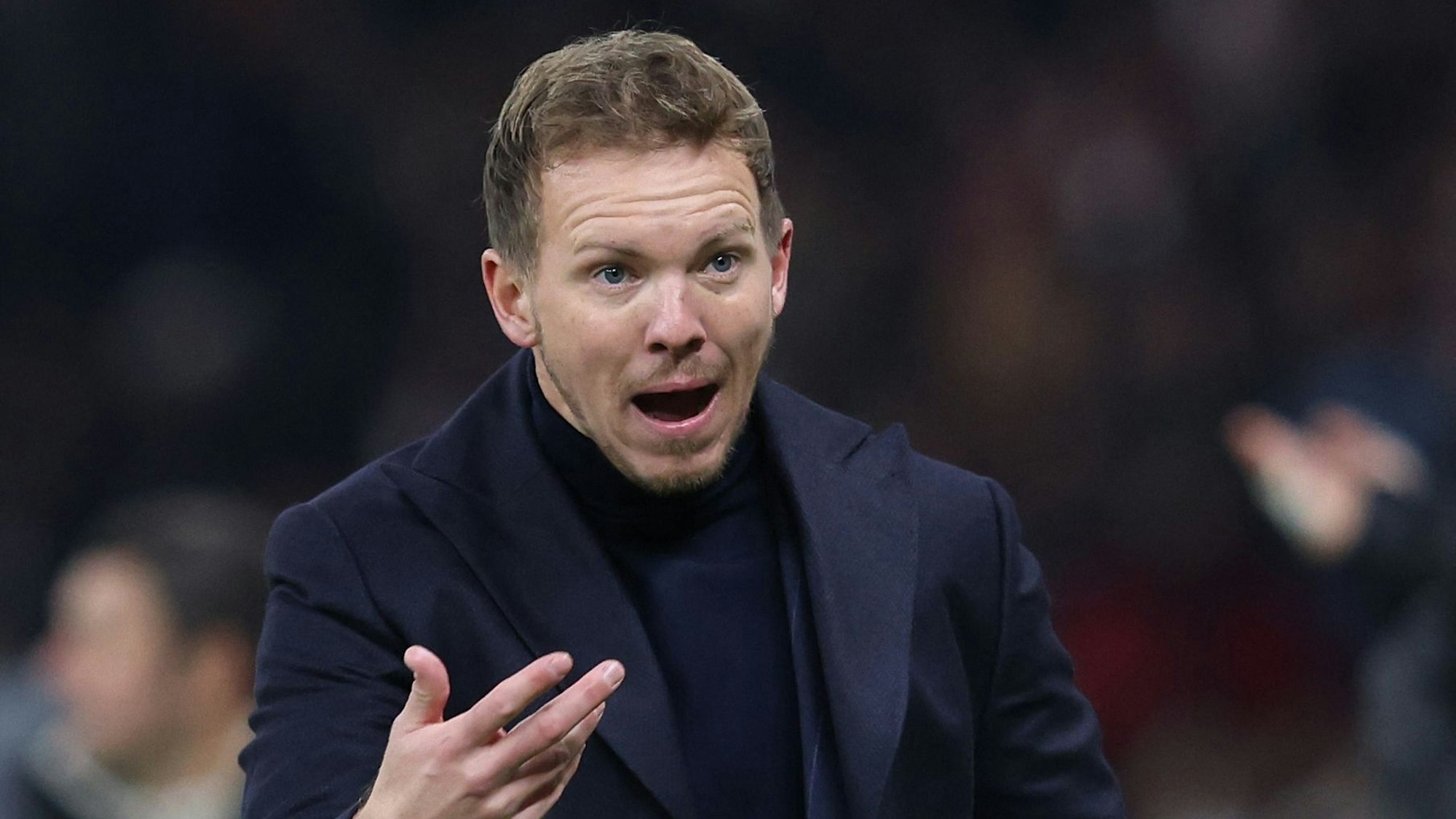 Germany's head coach Julian Nagelsmann reacts during the international friendly football match between Germany and Turkey at the Olympic Stadium in Berlin on November 18, 2023, in preparation for the UEFA Euro 2024 in Germany. (Photo by Ronny HARTMANN / AFP)