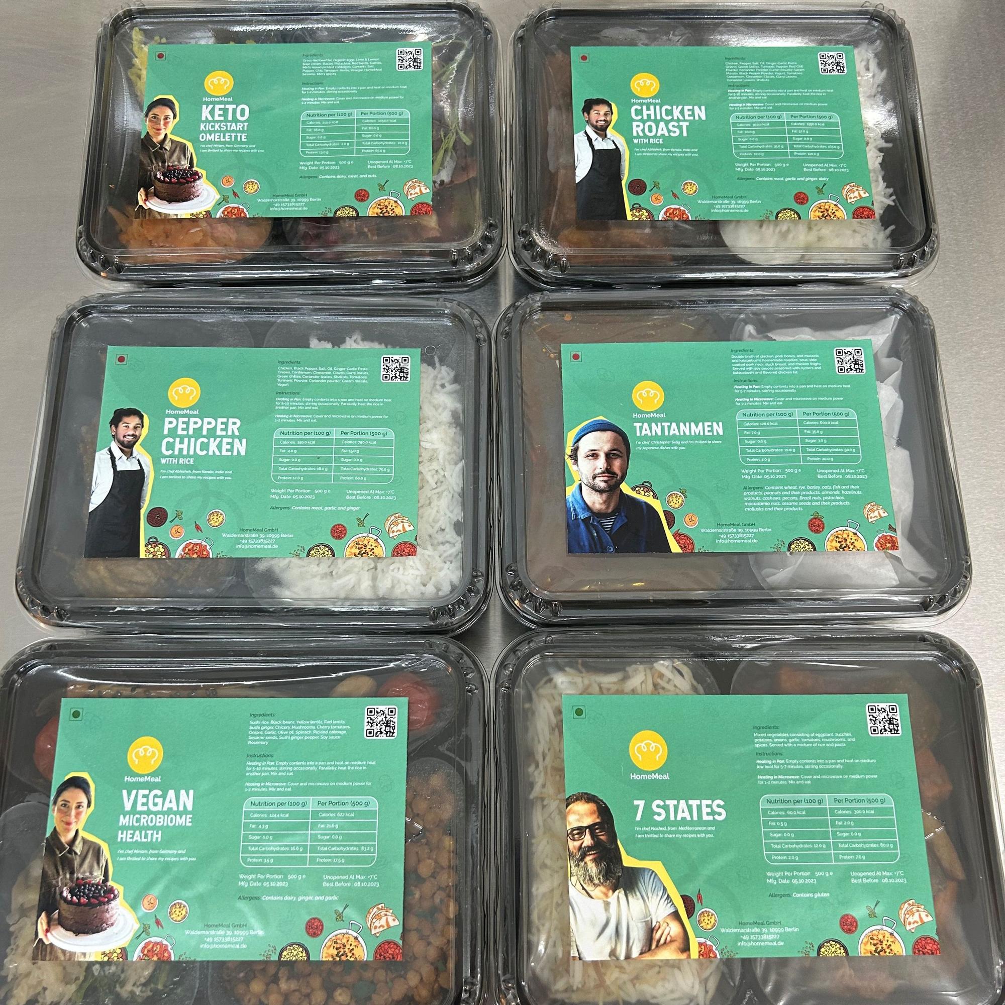 Verschweißtes Essen mit Etiketten, auf denen die Köche zu sehen sind