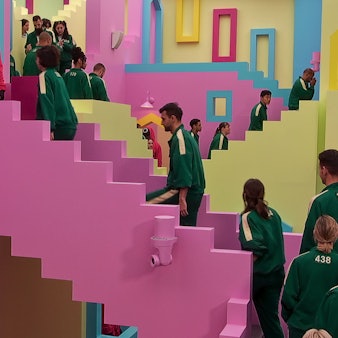 Teilnehmer von „Squid Game: The Challenge“ gehen durch ein labyrinthisches Treppenhaus in bunten Pastellfarben.
